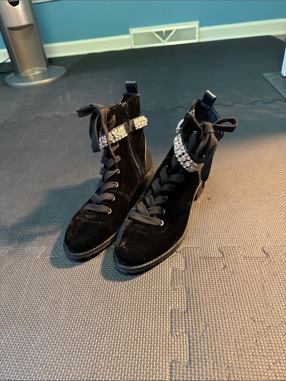 White House Black Market Black Velvet Lace-Up Ankle Boots with Crystal Strap